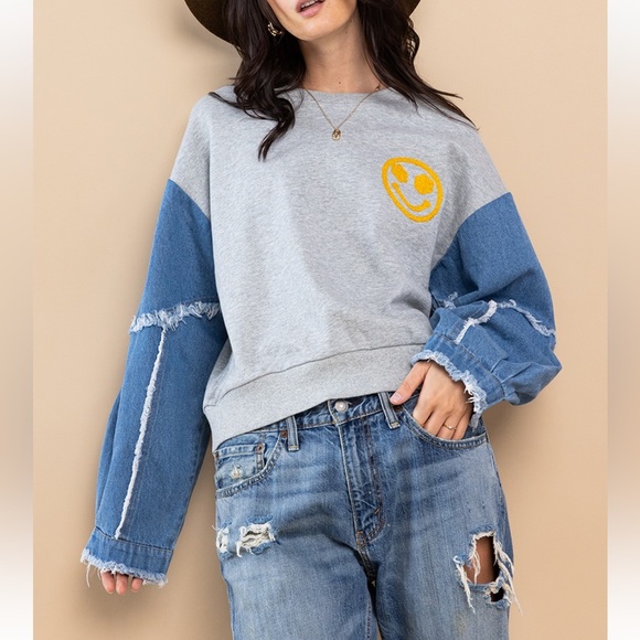 ShopEvelynne Tops - 30 Contrast Denim With French Terry Sweatshirt